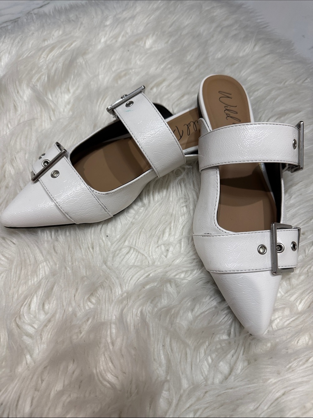 Aldo White Pointed Buckle-Accent Mules